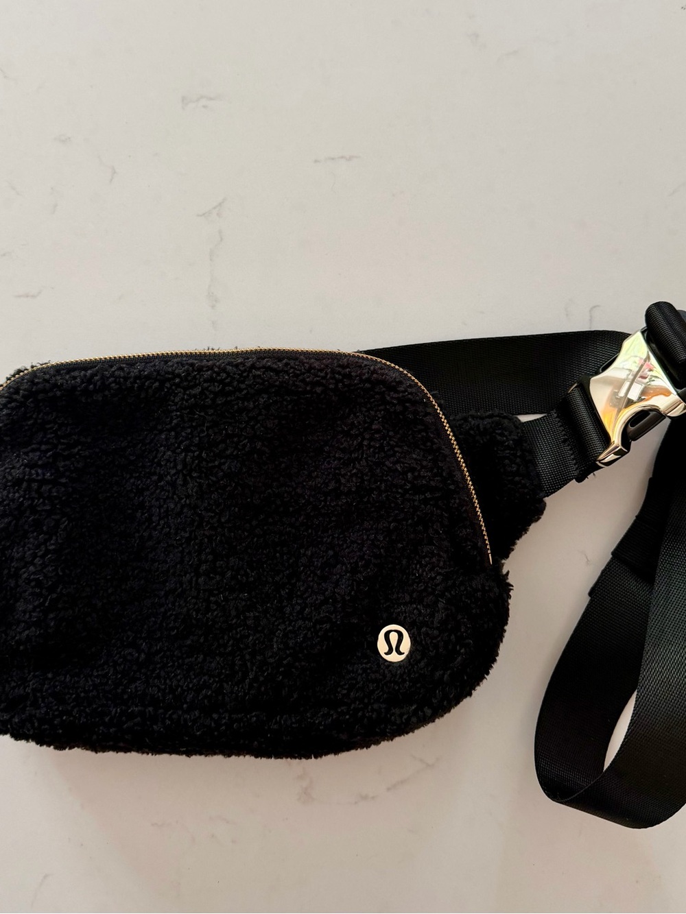 Lululemon Black Sherpa Crossbody Belt Bag with Gold Hardware